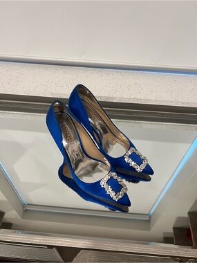 Badgley Mischka Cobalt Blue Satin Pointed Heels with Crystal Buckle